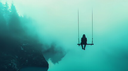A person sitting on a swing suspended over an endless abyss, symbolizing the feeling of being stuck between safety and the unknown.