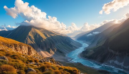 Fototapeta premium Breathtaking mountain landscape at sunset, showcasing a river winding through lush valleys and dramatic peaks, illuminated by golden light.