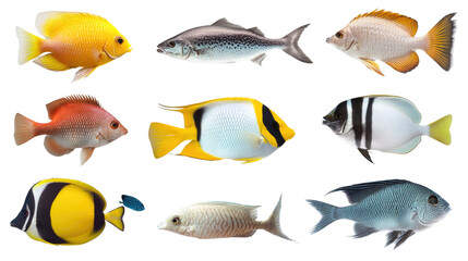 Fototapeta premium A collection of brightly colored fish, including yellow, orange, and blue