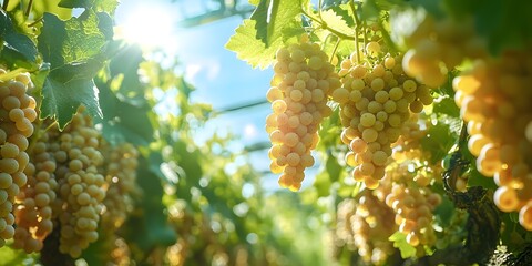 Rows of ripe white grapes hanging in a lush vineyard under bright sunlight. Generative AI