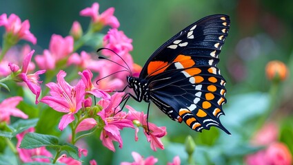 Fototapeta premium Striking black butterfly feeding on pink flowers