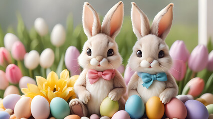 A cute and playful scene with two bunny figurines wearing small bowties, surrounded by vibrant flowers and pastel-colored eggs in a sunny garden. 
