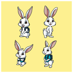 four cute rabbit design concepts in various styles suitable for children's stories