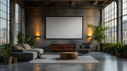 Urban-inspired industrial interior with exposed concrete walls, large-scale whiteboard frames, and soft ambient lighting, 3d render