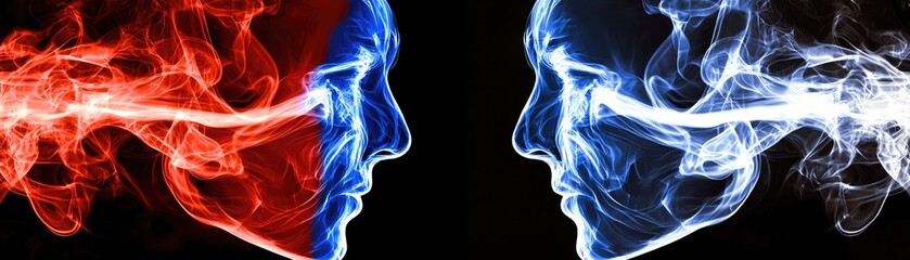 Fototapeta premium Opposing faces, smoke, energy, conflict, abstract art