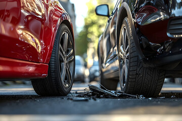 Two cars in a minor collision on a busy city street in bright light. Generative AI