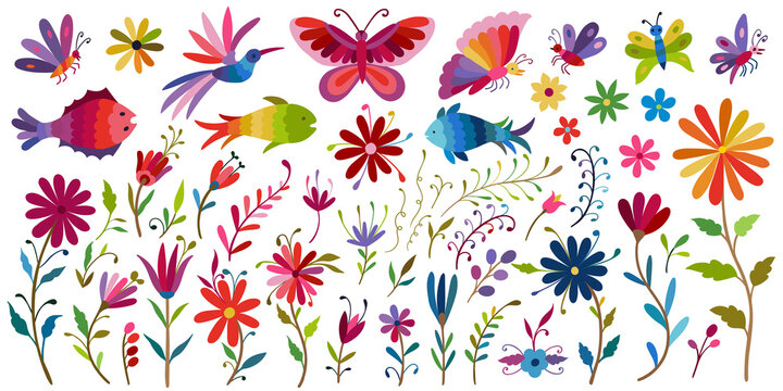 Big collection of traditional elements of Mexican pattern Otomi, flowers, leaves, birds, animal. Folk embroidery ornament elements.