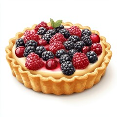 Realistic 3D Icon Cartoon of a Fresh Fruit Tart with Berries and Custard isolated on clear white background