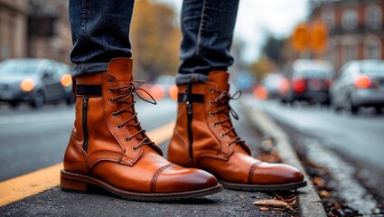 Stylish tan leather boots against blurred traffic background