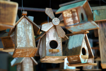 Decorative Wooden Birdhouses Hanging in Natural Light