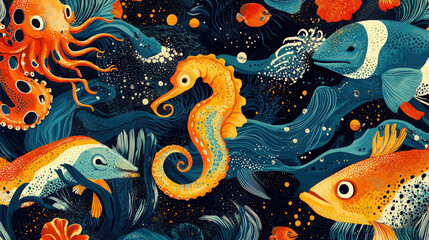 Ocean Animal Motif Design. A vibrant textile design featuring colorful, abstract animal motifs from the ocean, including fish, a seahorse, and an octopus.