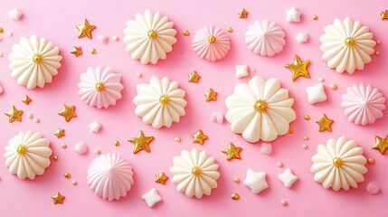 Pink background, meringue cookies, gold stars, sweet treats, food photography, bakery