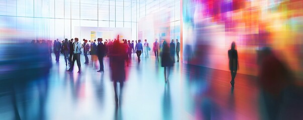 Blurred crowd of people walking through a bright modern space