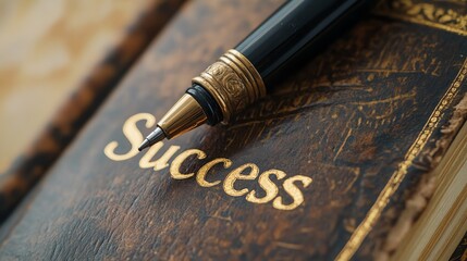 Close-up of a pen resting on a book titled 'Success', symbolizing achievement.