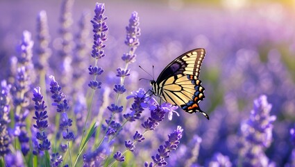 Swallowtail butterfly perched on lavender flower in sunlight