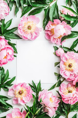 Fototapeta premium Vertical Peonies springtime scenery, nature background. Festive holiday greeting card for Birthday, Woman or Mothers Day.