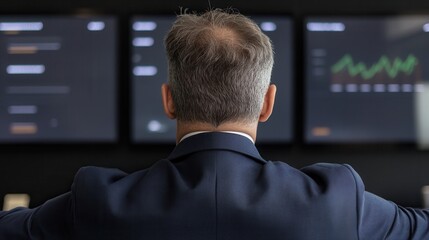 Business professional analyzing data on carbon footprint reduction and green initiatives in a corporate setting with interactive displays