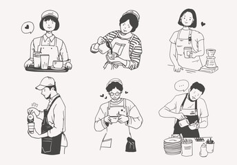 Hand-Drawn Barista and Café Staff Illustration Set. Perfect for coffee shop branding, menu designs, packaging, posters, social media content, editorial illustrations, and café-themed merchandise
