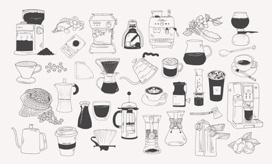 Hand-Drawn Coffee Brewing Equipment and Accessories Collection. Perfect for cafe branding, packaging, posters, and coffee-related projects.