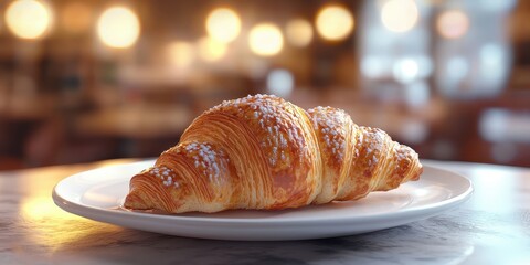 Realistic 3D Icon Cartoon of A Freshly Baked Croissant on a White Plate with a Softly Blurred French CafÃ? Background