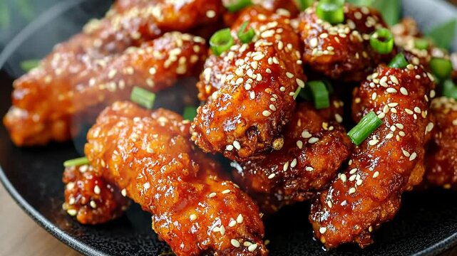 Spicy Korean fried chicken sesame seeds lounch dish Korea