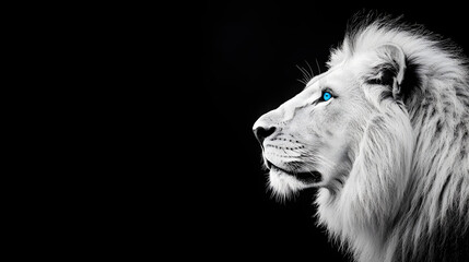 A close-up portrait of a lion in black and white with striking blue eyes, capturing the majestic and powerful expression of this wild animal.
