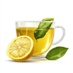Realistic 3D Icon Cartoon of a Freshly Brewed Green Tea with a Lemon Slice isolated on clear white background