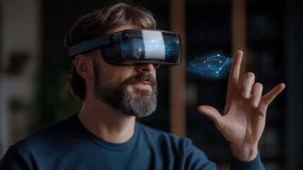 Businessman engages with a virtual augmented reality interface to manipulate data points on a floating graph in a modern workspace