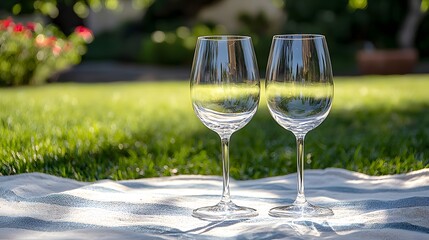Wine glasses on a picnic blanket in a vineyard setting with grapes. Generative AI