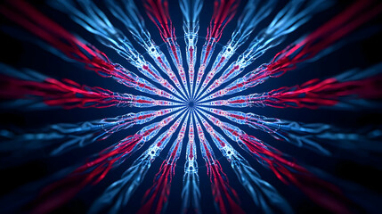 Abstract Digital Art Composition Of Blue And Red Glowing Starburst Against Dark Background