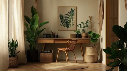 Elegant minimalist hallway interior with a wooden desk, rattan chair, black potted plants, and canvas wall art. Soft beige walls, natural lighting, and warm boho-style decor create a serene and stylis