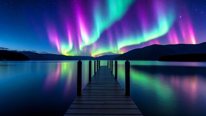 Tranquil lake pier under aurora borealis night sky