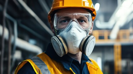 A manufacturing worker ensuring their respirator mask fits tightly before working with hazardous materials