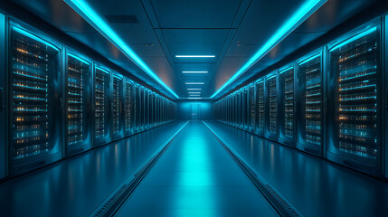 Obraz premium Futuristic data center with glowing blue lights and rows of servers in modern technology setup