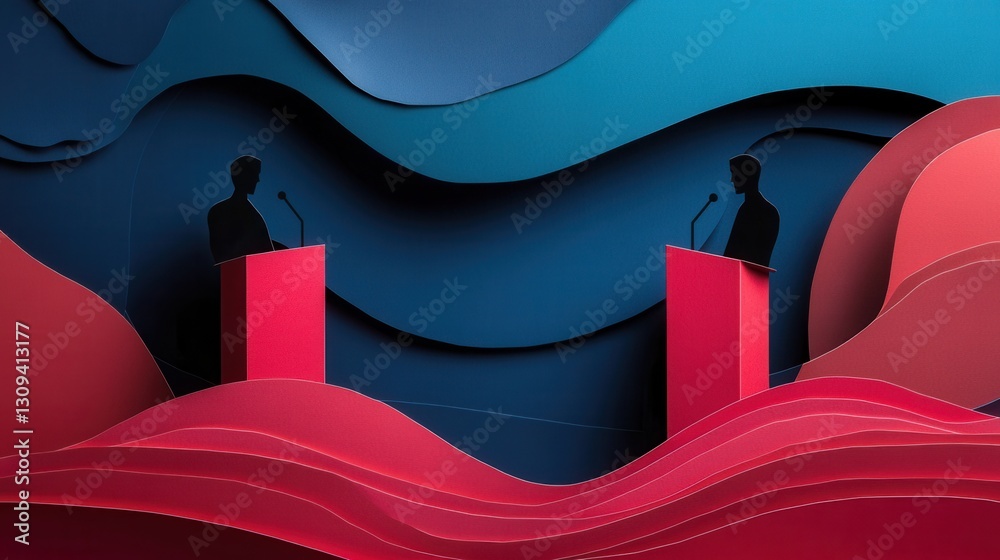 Poster Engaging political debate with layered silhouettes and dynamic paper art background Generative AI