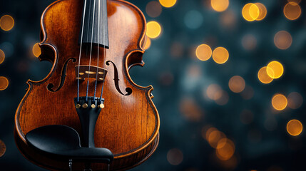 Violin Showcased Against a Blurred Bokeh Background of Warm Lights During an Evening Performance