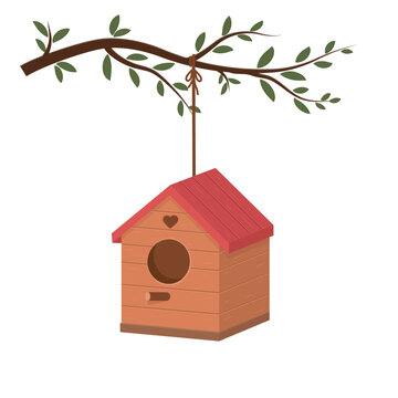 recommend clip art: A birdhouse for birds is hanging on a branch, isolated on a white background. Cartoon vector illustration