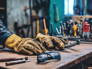 A mechanic workbench featuring heavy-duty gloves, safety glasses, and an anti-static wrist strap for electronics repair
