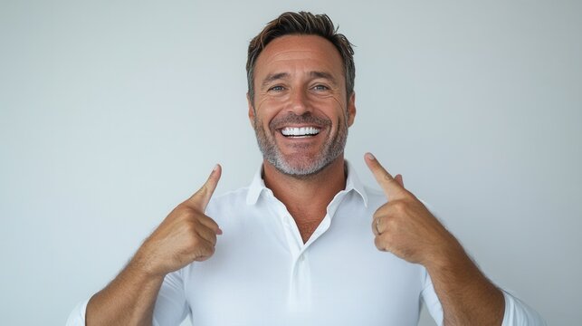 Confident man showcasing bright smile after professional teeth whitening treatment against minimalistic light gray backdrop