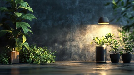 Illuminated plants against a textured wall create a serene and stylish indoor garden bathed in soft ambient light