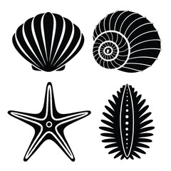 Set of Black Silhouettes Featuring Oysters, Snails, Starfish, and Sea Urchins