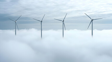Aerial View Of Wind Turbines In A Sea Of Clouds Under A Blue Sky