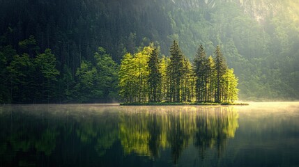Unsurpassed quiet lake in the morning light surrounded by a forest, tree reflection on the water surface