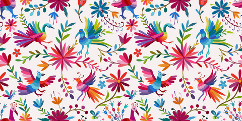 Ornate ethnic Mexican embroidery Otomi. Seamless pattern with birds and flowers on white background © ARTvektor