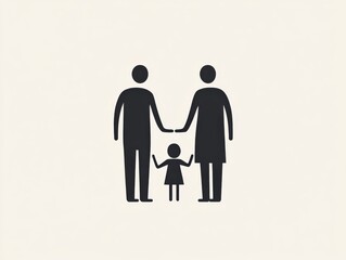 A minimalist family icon featuring two parents holding hands with their child, simple black and white design