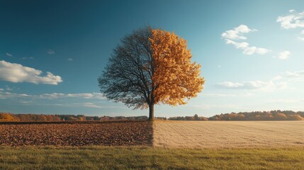 A cinematic shot of a lone tree in an open field, half covered in autumn leaves, half barren, symbolizing seasonal change