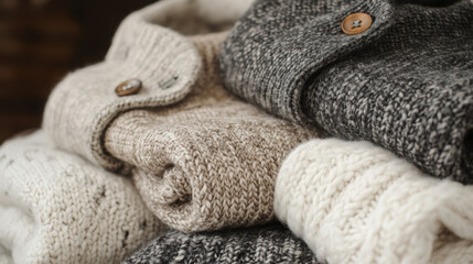 Folded Knitwear Fashion. Pile of folded cozy knitted cardigans with wooden buttons for modern clothes and shoes design, providing warmth and style.