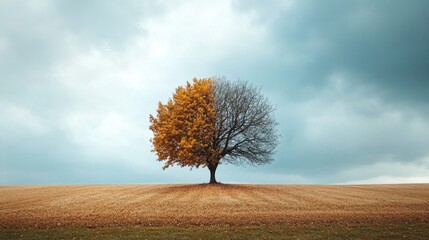 A cinematic shot of a lone tree in an open field, half covered in autumn leaves, half barren, symbolizing seasonal change