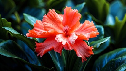 Vibrant coral flower unfurling against deep green leaves