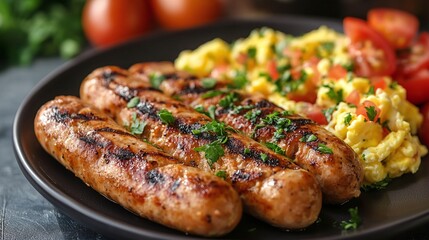 gourmet breakfast plate with grilled turkey sausages fluffy scrambled eggs and fresh tomatoes arranged beautifully for a savory protein packed morning dish